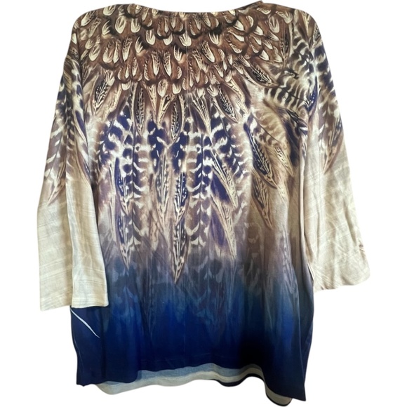 Chico’s Feathers pring  Beautiful top Tan Blue colors Size 3 equivalent to XL - Picture 3 of 15